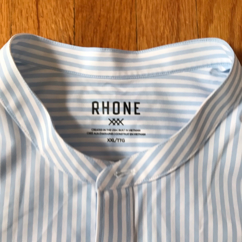RHONE Men's Blue and White Striped Band Collar Button Up Shirt XXL